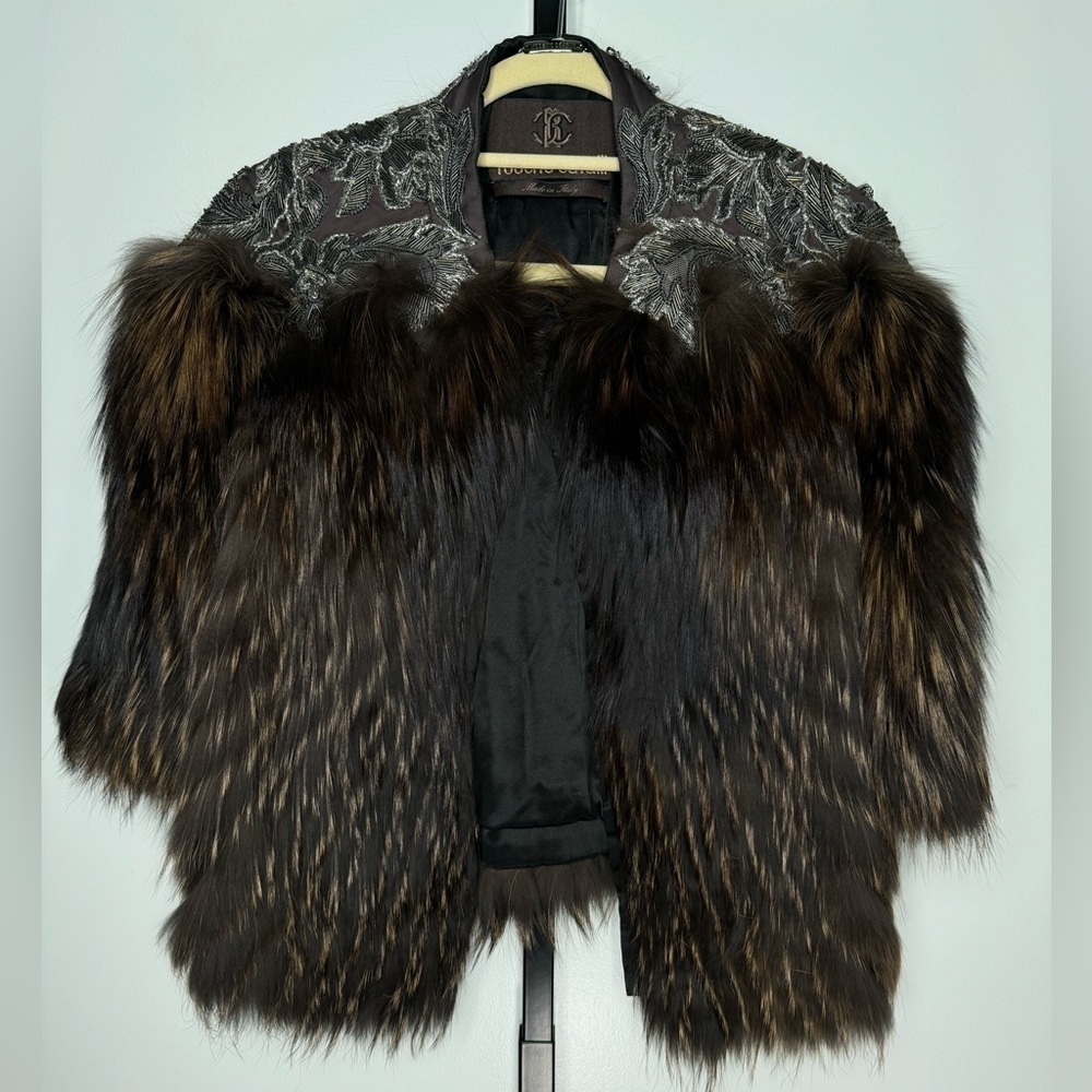 Vintage Runway Roberto Cavalli Silver Fox Fur Cropped Jacket IT 42 - Picture 2 of 9
